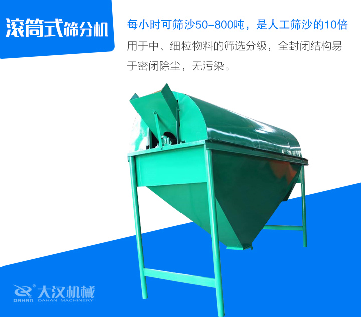 滾筒式篩分機(jī)用于中、細(xì)粒物料的篩選分級(jí)，全封閉結(jié)構(gòu)易 于密閉除塵，無污染。