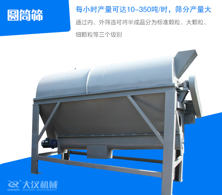 圓筒篩通過內(nèi)、外篩選可將半成品分為標(biāo)準(zhǔn)顆粒、大顆粒、 細(xì)顆粒等三個(gè)級(jí)別